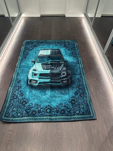 Blue SUV rug displayed in a modern hallway