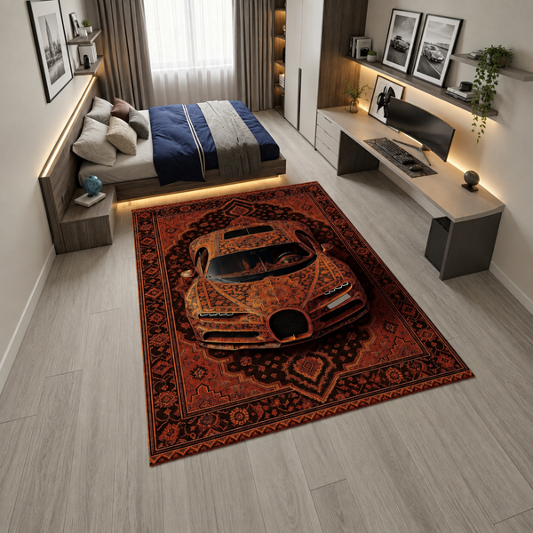 Bugatti Chiron Amber Car Rug - Exclusive Retro Persian Floor Rug - Auto Design