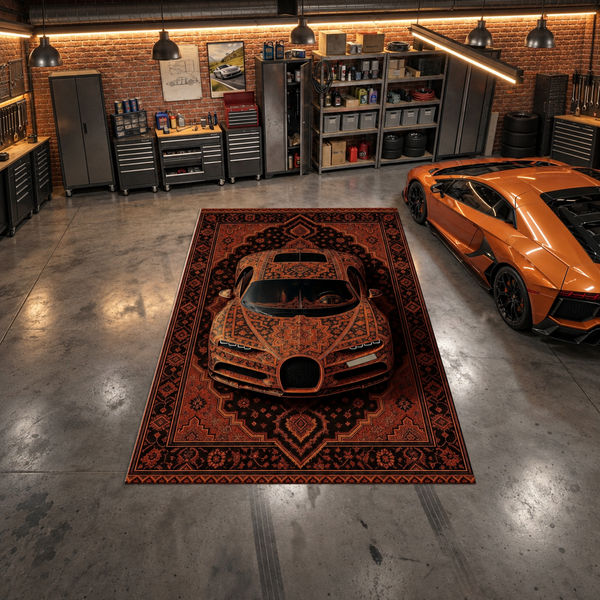 Bugatti Chiron Amber Car Rug - Exclusive Retro Persian Floor Rug - Auto Design