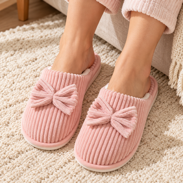 Cozy Ribbed Bow Slippers